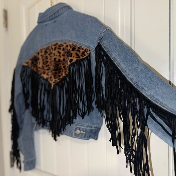 SHEIN Jean Jacket Blue and Black with Fringe and Animal Print - Picture 6 of 13